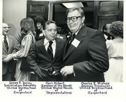 ["United Brotherhood of Carpenters. From left: Charles E. Nichols, Carl Albert, James F. Bailey, and Dot Bailey. 1976"]