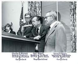 ["United Brotherhood of Carpenters. From left: Charles E. Nichols, Carl Albert, James F. Bailey, and Dot Bailey. 1976"]