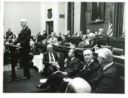 ["Carl Albert (third from right) and Thomas P. O'Neill (far right) with other members of Congress at portrait unveiling."]