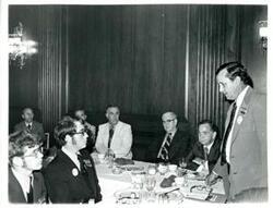 ["From left in back: James R. Jones, Dewey F. Bartlett, Clem McSpadden, Tom Steed, and Carl Albert. Banquet with members of Oklahoma REC group. June 1973"]