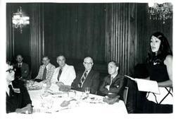 ["From left in back: James R. Jones, Dewey F. Bartlett, Clem McSpadden, Tom Steed, and Carl Albert. Banquet with members of Oklahoma REC group. June 1973"]