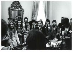 ["Carl Albert behind his desk with the Oklahoma REC group. June 1973"]