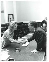 ["Carl Albert shaking hands with Margaret Thatcher, prime minister of Great Britain."]