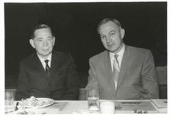 ["Carl Albert with J. E. Sutton, superintendent of Midwest City-Del City Schools. 1969"]