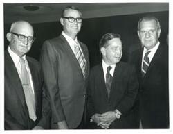 ["From right: John N. Happy Camp and Carl Albert. Two unknown. Good Roads meeting. September 13, 1971"]