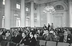 ["Black and white photograph print of Carl Albert and several others during the House delegation trip to USSR, Romania, and Yugoslavia. August 1975"]