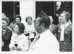 ["Black and white photograph print of Mary Albert and President Josip B. Tito of Yugoslavia with several others during a House delegation trip. August 1975"]