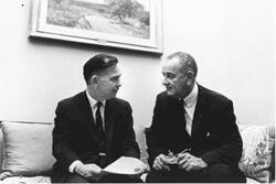 ["Carl Albert confers at the White House with Lyndon B. Johnson. Oversized."]