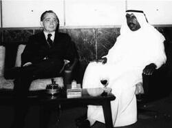 ["Sheikh Saad Al-Abdullah Al-Salim Al-Sabah, Emir of Kuwait and Commander of the Military of Kuwait  with Carl Albert"]
