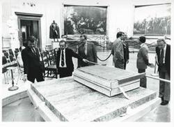 ["Black and white photograph print of ceremony honoring the arrival of the Magna Carta at the U. S. Capitol."]