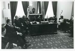 ["Black and white photograph print of Carl Albert, Hale Boggs, Thomas P. O'Neill, and President Josip B. Tito of Yugoslavia seated in Albert's office. November 1971"]