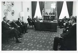 ["Black and white photograph print of Carl Albert, Wright Patman, Hale Boggs, Thomas P. O'Neill, and President Josip B. Tito of Yugoslavia seated with others in Albert's office. November 1971"]