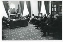 ["Black and white photograph print of Thomas P. O'Neill, Carl Albert, and President Josip B. Tito of Yugoslavia with several others in Albert's office. November 1971"]