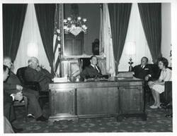 ["Black and white photograph print of Thomas P. O'Neill, President Josip B. Tito of Yugoslavia, and Carl Albert seated in Albert's office. November 1971"]