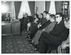 ["Black and white photograph print of Carl Albert seated with President Josip B. Tito of Yugoslavia in Albert's office. November 1971"]