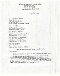 ["The document is a series of letters between attorneys discussing the language of a bill (H. R. 15598) related to the ownership of the bed of the Arkansas River. The attorneys are trying to come to an agreement on the language of the bill to address objections from various parties involved. They are also discussing sending stipulations to the Oklahoma delegation and the Secretary of the Committee of Internal and Insular Affairs. The documents show that the Choctaws, Chickasaws, and Cherokees are now in agreement on the language of the bill, and they are seeking support from members of Congress."]