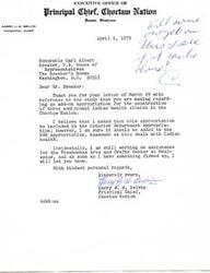 ["The Principal Chief of the Choctaw Nation, Harry J.W. Belvin, is thanking the Speaker of the House, Carl Albert, for considering an add-on appropriation for the construction of Indian health clinics. He clarifies that the appropriation should be added to the HEW budget, not the Interior Department budget. He also mentions ongoing efforts to assist the Pocahontas Arts and Crafts Center. Additionally, there is a proposal for the construction of three buildings by the Choctaw Nation Enterprises, Inc., which aims to develop Southeastern Oklahoma. The Speaker acknowledges the proposal and promises to study it further. There is also mention of materials compiled by the Public Health Service for the construction of health clinics in different counties in the Choctaw Nation."]