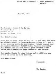 ["The document from the Principal Chief of the Choctaw Nation expresses gratitude for funding included in the construction of Indian Health Centers in Hugo, McAlester, and Eufaula. The Chief also raises concerns about the lack of funding for staffing the centers and requests the Speaker's help in correcting this issue before finalization of the appropriation bill. The Speaker's response acknowledges the concerns and assures that action will be taken."]