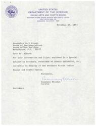 ["The document is a letter to Honorable Carl Albert enclosing a brochure for a special exhibition of paintings by Donald Secondine, Jr. at the Southern Plains Indian Museum and Crafts Center. It provides information about Secondine's background, training, and artistic influences, as well as details about his current exhibition. The document highlights Secondine's dedication to preserving his cultural heritage through his artwork and includes information on how to purchase his paintings. A response letter from The Speaker acknowledges receipt of the brochure and expresses appreciation for being informed about the exhibition."]