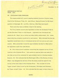 ["The memorandum records a meeting between Governor Overton James, Chief of the Chickasaw Tribe, and others to discuss problems faced by the tribe. Issues raised include legislation for a land dispute with the Cherokee Tribe, concerns about the survey of land riparian to the Arkansas River, the retirement of the Muskogee Area Director of BIA, and the impact of the Revenue Sharing program on Oklahoma Indian Tribes. The meeting also addressed the appointment of a new Area Director and tribal input on the matter. Governor James expressed concerns about tribal funding under the Revenue Sharing program, and the group agreed to follow up on the issues discussed."]