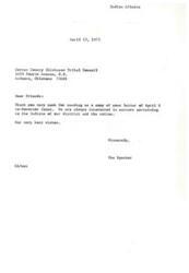 ["The Carter County Chickasaw Tribal Council sent a letter to Governor Overton James requesting information about the financial status of the Chickasaw Tribal funds, specifically regarding the purchase of the Chickasaw Motor Inn. They expressed the importance of being informed about tribal affairs and invited Governor James to their quarterly meeting. The Speaker of Indian Affairs thanked them for the letter and expressed interest in matters concerning the Indians of their district and the nation."]