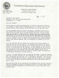 ["The Bureau of Indian Affairs provided information to Speaker Carl Albert regarding a land dispute involving the Choctaw Nation. It was determined that the Chief of the Choctaw Tribe and the Tribal Attorney were acting in a private capacity in the lawsuit. The court found that the fence in question was a common fence, not a boundary fence, and no land claims were made. The court action did not affect land ownership and the individuals involved were not in danger of losing their land. The Chief of the Choctaw Tribe is the recognized spokesman, but individual tribe members have the right to elect a chief. The court's findings and conclusions were provided in the letter to Speaker Albert."]