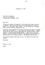 ["The document from Charles L. Ward to Sula S. Goodman discusses various topics, including a meeting with Liz Carpenter, Chief Belvin, and the Inter-Tribal Council. Ward thanks Goodman for a newspaper story and mentions a newsletter recommendation. Ward also mentions training for Indian advisory board members and tribal officials, as well as current news about Carl's radio show. The document ends with Ward discussing an upcoming Kansas Press Women meeting in Wichita."]