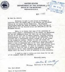 ["The Department of the Interior has allocated funds to the Choctaw and Chickasaw tribes as part of awards made by the Indian Claims Commission. The funds have not yet been distributed, as the Department is still formulating plans for their use. The Choctaw Indians will vote on accepting a sum of money in lieu of annuities, and it is advised to delay the distribution of funds until this decision is made to avoid additional costs. Congressman Carl Albert has inquired about the handling of these funds."]
