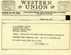 ["The document provides instructions for sending telegrams using different classes of service, such as domestic, Western, and international. It also includes a sample telegram sent to the Director of the Muskogee Area Office of the Bureau of Indian Affairs regarding the passing of a second supplemental appropriation bill. Additionally, The document includes symbols and information about filing times for telegrams."]
