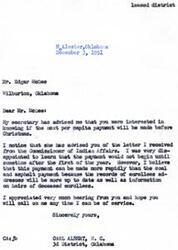 ["The document is a correspondence between Mr. Edgar McGee and Congressman Carl Albert regarding the timing of the next per capita payment. The Congressman received a letter from the Commissioner of Indian Affairs stating that the payment would not begin until after the first of the year. Despite the delay, Congressman Albert believes the payment process will be faster due to updated records. The document acknowledges Mr. McGee's inquiry and offers further assistance if needed."]