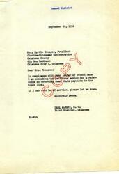 ["Mrs. Myrtle Creason, President of the Choctaw-Chickasaw Confederation, sent a letter to Honorable Carl Albert requesting the return of petitions asking for a referendum on returning dead claim payments to the blood line. Albert complied and returned the petitions. Creason thanked him and expressed her willingness to provide any further assistance needed."]