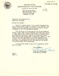 ["The document includes correspondence regarding Isom Wallen's application for employment at the Talihina Medical Center, where he had previously worked but resigned due to reporting to work intoxicated. Despite efforts by Honorable Carl Albert to assist, Dr. David W. Gillick, the Chief Medical Officer, states that Wallen's behavior was unbecoming and his application was rejected. Wallen expresses his disappointment in a letter to Albert, stating that he is unable to work due to a hand injury."]