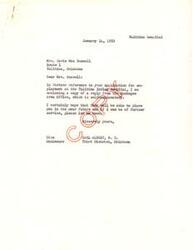 ["Mrs. Davie Mae Russell has applied for employment at the Talihina Indian Hospital and Honorable Carl Albert  has written to the Muskogee Area Office on her behalf to request consideration for any vacancies that may arise. Mrs. Russell's application is on file and will be given due consideration. Albert hopes that his letter will help Mrs. Russell secure a position at the hospital."]