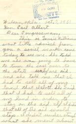 ["The document is a series of letters between various individuals and government agencies regarding the case of Tonsie Williams, who has been advised to sell all of her land in order to continue receiving old age assistance. The documents discuss Carl Albert the eligibility requirements for assistance and seek clarification on whether Williams needs to sell her property. The documents show a concern for ensuring that Williams receives the necessary aid without having to give up all of her land."]
