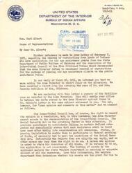 ["The document responds to a request from Honorable  Carl Albert regarding the removal of restrictions on lands of Indians applying for old age assistance in Oklahoma. The Inter-Tribal Council recommended restrictions not be removed, but the Area Director cannot comply due to the Social Security Act. The Area Director's report on the McMillion case is enclosed, showing that removal of restrictions was necessary for the family to receive assistance. The document explains the legal basis for eligibility and criticizes Chief Belvin for misunderstanding the situation. The case of Mr. and Mrs. Hendrix McMillion is highlighted as an example where restrictions needed to be removed for the family to receive assistance."]