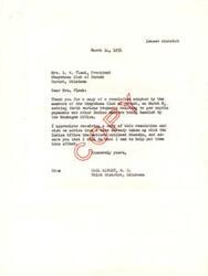 ["The Ohoyohoma Club of Durant, Oklahoma, sent a resolution to Congressman Carl Albert requesting expedited per capita payments to heirs of deceased allottees and the removal of restrictions on elderly Indian citizens' lands. Congressman Albert acknowledged the resolution and explained efforts made to address the issues, including a recent conference in Washington to speed up payments to known heirs and resolve issues with estates located in different states. He also mentioned that Lease District payments will begin once attorney's fees are determined."]
