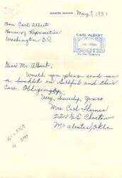 ["Mrs. Carl Thomas from McAlester, Oklahoma wrote to Congressman Carl Albert requesting a booklet on goldfish and their care. Congressman Albert contacted the Interior Department who sent a leaflet on goldfish care to Mrs. Thomas. Congressman Albert enclosed the leaflet in a letter to Mrs. Thomas, expressing his pleasure in serving her."]