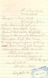 ["J.W. Long sent a letter inquiring about posting the Washita River to prevent fishing and asking about the distance allowed to walk near the water. Carl Albert, a congressman, responded that the decisions are left to the State Game and Fish Department and he would contact them for a reply. He then contacted the Oklahoma Game & Fish Department for information on Mr. Long's inquiries."]