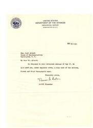 ["The Geological Survey Department of the United States Department of the Interior sent Honorable  Carl Albert of the House of Representatives three topographic maps in response to his telephone message on May 17, 1951. The maps were sent under separate cover by Acting Director Thomas B. Dolan."]