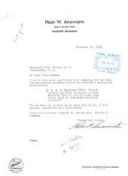 ["Helen W. Ainsworth writes to Congressman Carl Albert requesting a geological publication. Albert promises to send the publication and fulfills his promise promptly. A follow-up letter from the Geological Survey confirms that the publication has been sent to Albert."]