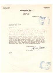 ["Roy M. Johnson, an oil producer from Ardmore, Oklahoma, wrote to Congressman Carl Albert expressing his concerns about HR 4752, a bill that would increase annual rentals on Government oil and gas leases. Johnson requested Albert's help in preventing the passage of the bill and also mentioned the need for supplies for development operations. Albert responded, informing Johnson that the bill was pending in subcommittee and that he would be happy to assist Johnson's attorney, Sidney A. Martin, during his visit to Washington. Johnson also sent a telegram to Congressman Tobey Morris, highlighting the importance of encouraging development of potential oil fields in mountain states."]