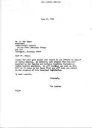 ["The document is a letter from the Speaker to Mr. B. Bob Stopp, President of the Inter-Tribal Council of the Five Civilized Tribes, thanking him for his letter regarding efforts for Indian housing. The Speaker expresses gratitude for the inclusion of an Indian housing amendment in a bill and promises to keep Mr. Stopp updated on the progress of the legislation. Mr. Stopp also expresses his gratitude to the Speaker for his help with Indian housing problems."]