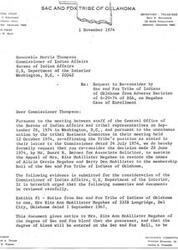 ["The Sac and Fox Tribe of Oklahoma is requesting a reconsideration of a decision made by the Bureau of Indian Affairs regarding the enrollment of members. They provide evidence, including letters and official documents, to support their claim that the individual in question has both Sac and Fox and Shawnee blood, and should be included in the tribe's membership roll. The tribe argues that the recent decision deprives the individual of her Shawnee heritage and culture."]