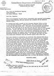 ["Mrs. Rita Megehee wrote to the Bureau of Indian Affairs inquiring about her maternal grandmother's tribal affiliation. The Bureau checked records and found that her grandmother was not listed as a member of the Absentee Shawnee Tribe but was listed on the 1394 Sac and Fox roll. The Bureau confirmed that Mrs. Megehee's children are eligible for educational assistance based on their Indian blood quantum. The Shawnee Agency also confirmed Mrs. Megehee's Indian blood quantum but could not verify her Shawnee heritage."]