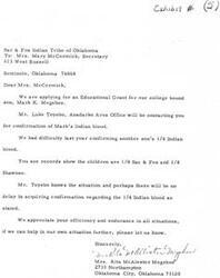 ["The document is from Mrs. Rita McAlester Megehee of the Sac & Fox Indian Tribe of Oklahoma, requesting an Educational Grant for her son, Mark K. Megehee. She mentions difficulty confirming another son's Indian blood in the past and requests confirmation from Mr. Luke Toyebo. Mrs. Megehee expresses appreciation for Mrs. Mary McCormick's assistance and offers further help if needed."]