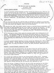 ["A special general council meeting is being called for February 25, 1967 to discuss the tribal roll and a proposed amendment to the Constitution allowing for absentee ballots in elections. It is necessary to compile an up-to-date tribal roll in accordance with the Constitution and By-Laws before judgment funds can be distributed. Some children were admitted in error and evidence is required to prove their Sac and Fox of Oklahoma blood quantum. The minutes of a previous general council meeting are also discussed, including topics such as self-improvement courses, land claims, and the Housing Authority."]