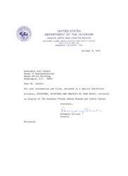 ["The document is a letter from the curator of the Southern Plains Indian Museum and Crafts Center to Honorable Carl Albert, enclosing a brochure for a special exhibition of sculpture, paintings, and graphics by Jean Bales. The document also includes a response from Carl Albert thanking for the brochure, and information about Jean Bales, an Iowa Indian artist known for her versatility in different art media. It mentions her dedication to art and her recent works on display at the museum."]