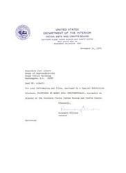 ["The document is a letter and brochure from the Indian Arts and Crafts Board regarding an exhibition of paintings by Bobby Hill (Whitebuffalo) at the Southern Plains Indian Museum and Crafts Center. The exhibition showcases Hill's work, who is described as the most successful Indian artist in the United States. The brochure provides information about Hill's background, his artistic career, and the exhibition featuring his recent works and retrospective collection. Prices of the paintings for sale are available through the Oklahoma Indian Arts and Crafts Cooperative."]