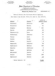 ["The document lists various individuals in positions of authority within the State Department of Education in Oklahoma, as well as schools within the Chickasaw Nation applying for funding for the 1975-1976 school year. It provides a breakdown of the number of schools and students in each county."]