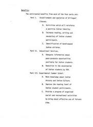 ["The document outlines the anticipated benefits of implementing a program with bilingual classes, educational services, and an experimental summer school for Indian students. These benefits include reinforcing positive Indian identity, increasing academic skills, identifying handicapped students, providing information on post-graduate opportunities, reducing absenteeism, increasing knowledge of Indian history and culture, improving reading levels, and offering organized social and recreational activities."]